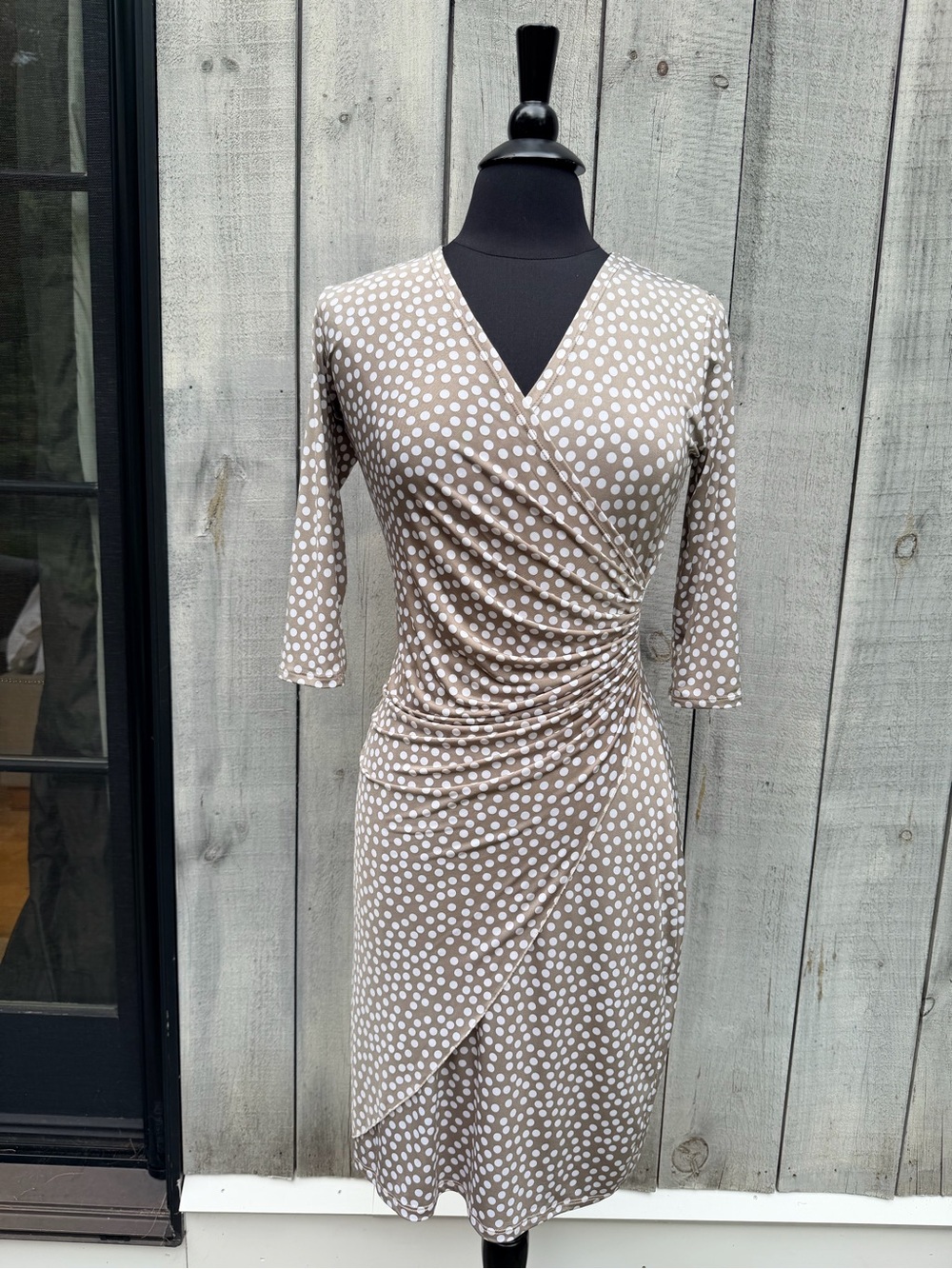 Polka Dot Faux-Wrap Dress in Taupe